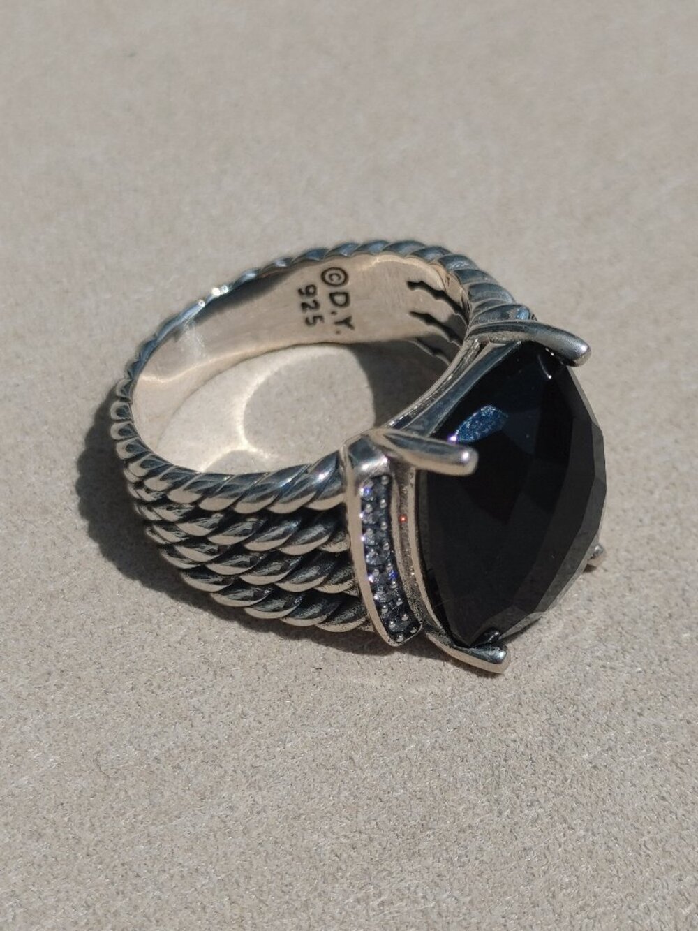 David Yurman Wheaton 925 Sterling silver Ring faceted Onyx & Diamond size 8